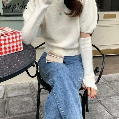 Neploe Korean Office Sweater: O-Neck, Short Sleeve, Solid Color Pullover - D&M Boutique 