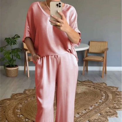 Elegant Women's Summer Satin V-neck Top & High-Waisted Pants Set