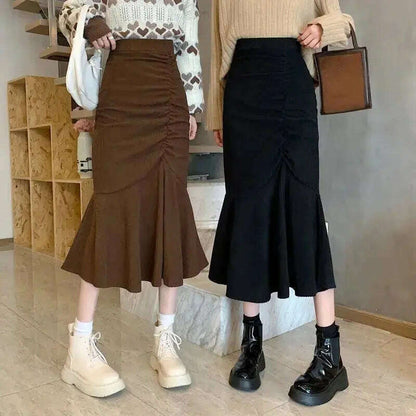 Lucyever High Waist Midi Skirt – Slim Fit, Ruffles, Brown - D&M Boutique 