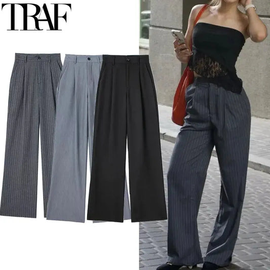 TRAF Women’s Formal Pants – Striped, High Waist, Baggy Wide Leg - D&M Boutique