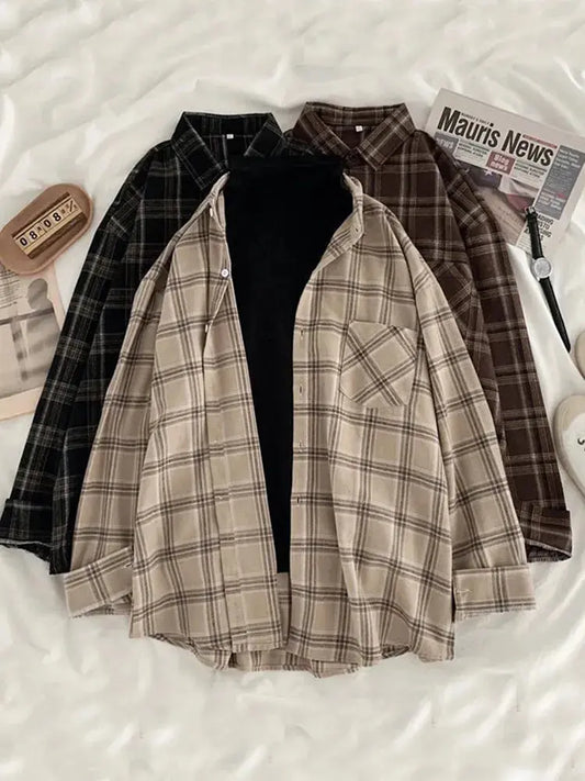 JMPRS Vintage Plaid Shirt Women Autumn Oversize Button-Up - D&M Boutique