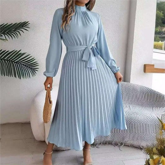 Autumn & Winter Pleated Stand-Up Collar Midi Dress