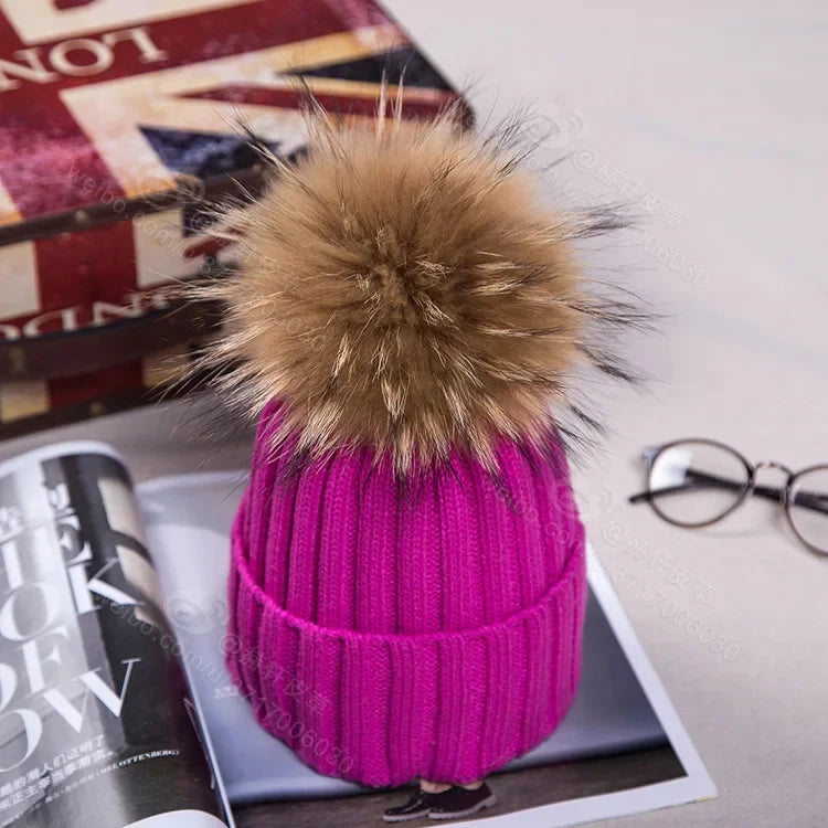 Winter NEW Women Pom Pom Beanies Warm Knitted Bobble Girl Fur Pompom Hats Real Raccoon Fur Pompon Casual Hat Cap