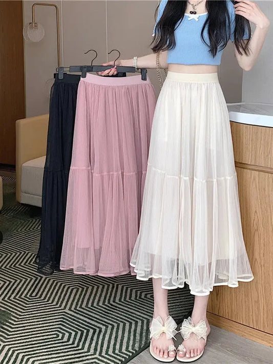 Zoki Elegant Tulle Midi Skirt – High Waist, Pleated, A-Line, Casual - D&M Boutique