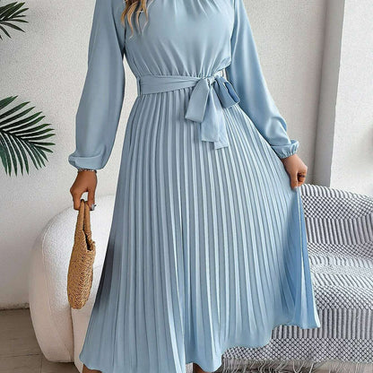 Autumn & Winter Pleated Stand-Up Collar Midi Dress