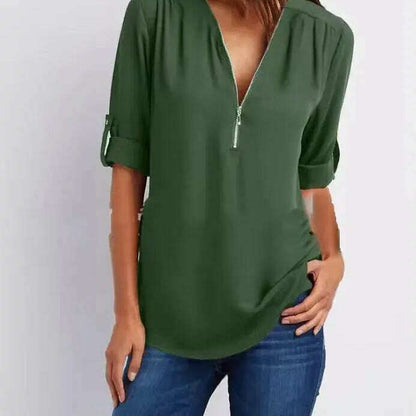 2024 Loose Chiffon Blouse: Deep V Neck, Zipper, Plus Size