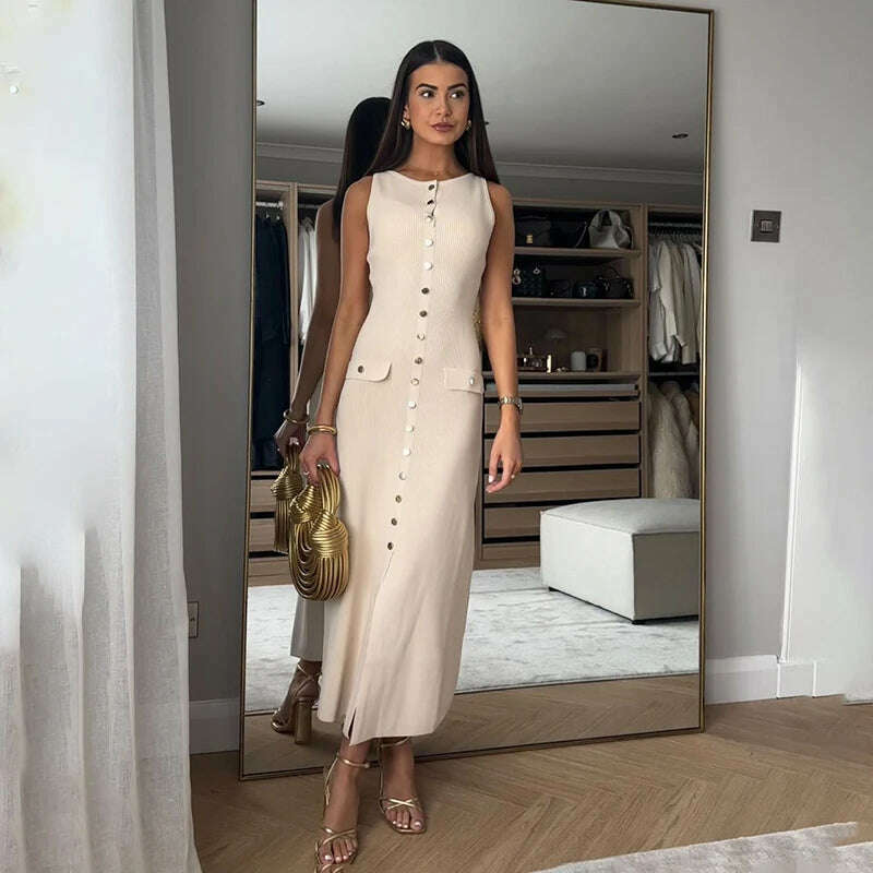 TARUXY Elegant Sleeveless Ribbed Knitwear Long Dress