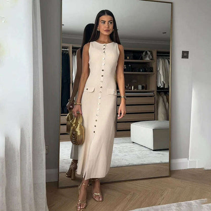 TARUXY Elegant Sleeveless Ribbed Knitwear Long Dress