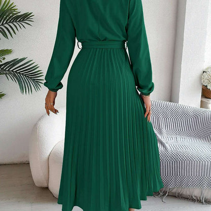 Autumn & Winter Pleated Stand-Up Collar Midi Dress