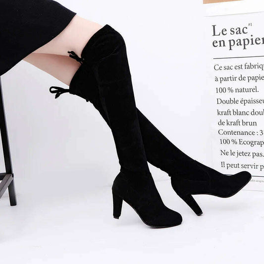LINLING Faux Suede Over-the-Knee Lace-Up Boots