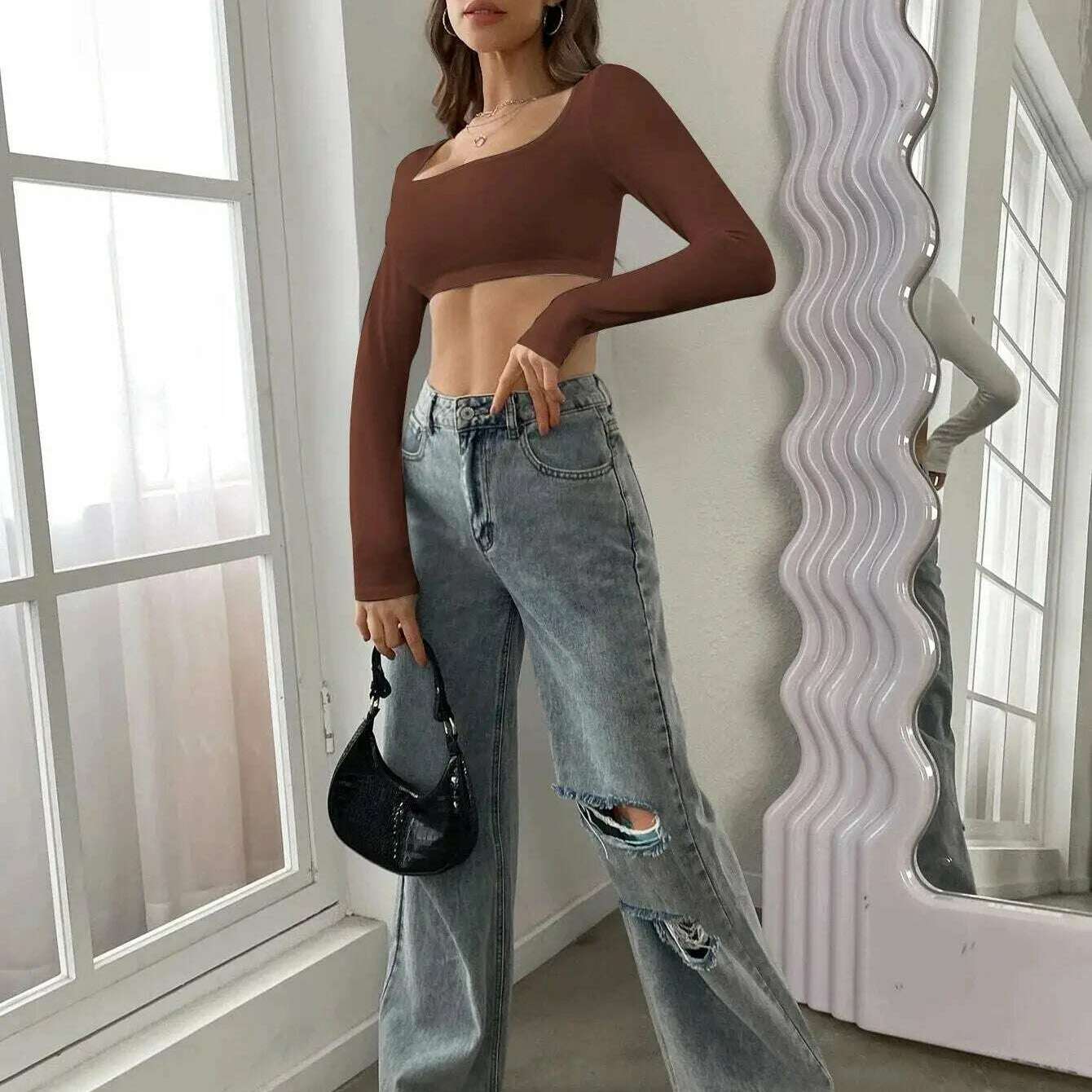 White Long Sleeve Crop Top: Y2K Corset, Knitted Elastic Tee - D&M Boutique 