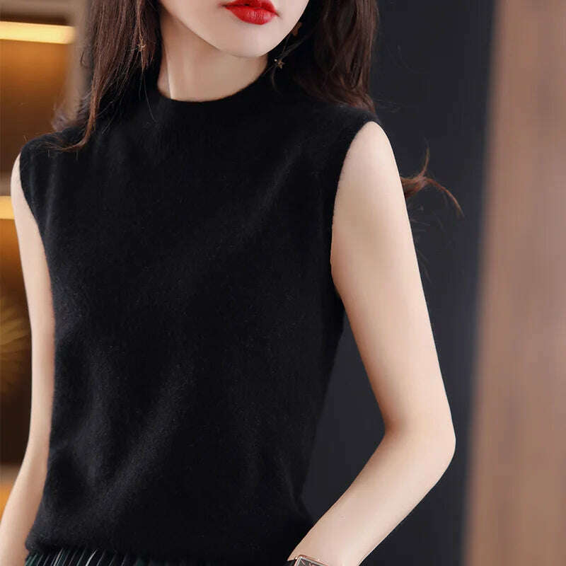 Casual Sleeveless Top – Mock Neck, Warm Knit, Korean Style