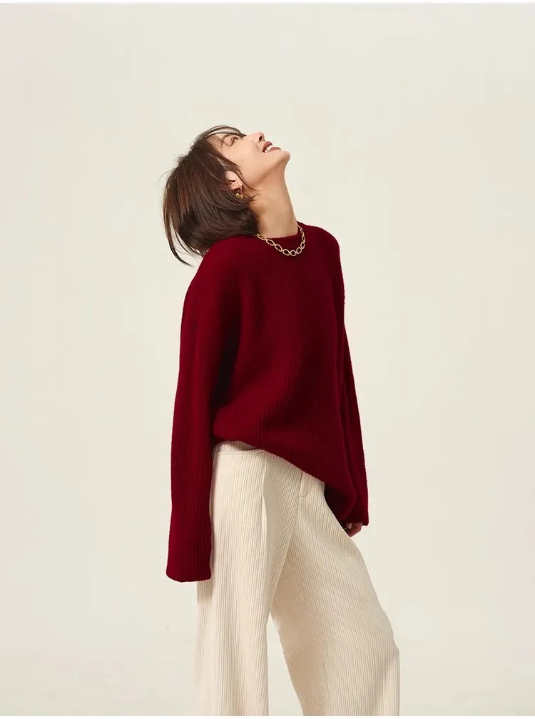 100% Cashmere Turtleneck Sweater – Loose, Vintage Red, Long Sleeve - D&M Boutique 