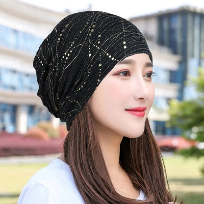 Women Summer Lace Rhinestone Breathable Sunscreen Sun Hat Female Fashion Spring Autumn Windproof Warm Black Cap Headscarf K39