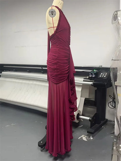 Mozision Elegant Halter Deep V Neck Sexy Maxi Dress Women Fashion Sleeveless Backless Ruched Evening Club Party Long Dress