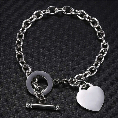 Classic Stainless Steel Toggle Bracelets Thick Chain Love Heart Charm Bracelet For Women Girls New Bracelets Trendy Jewelry