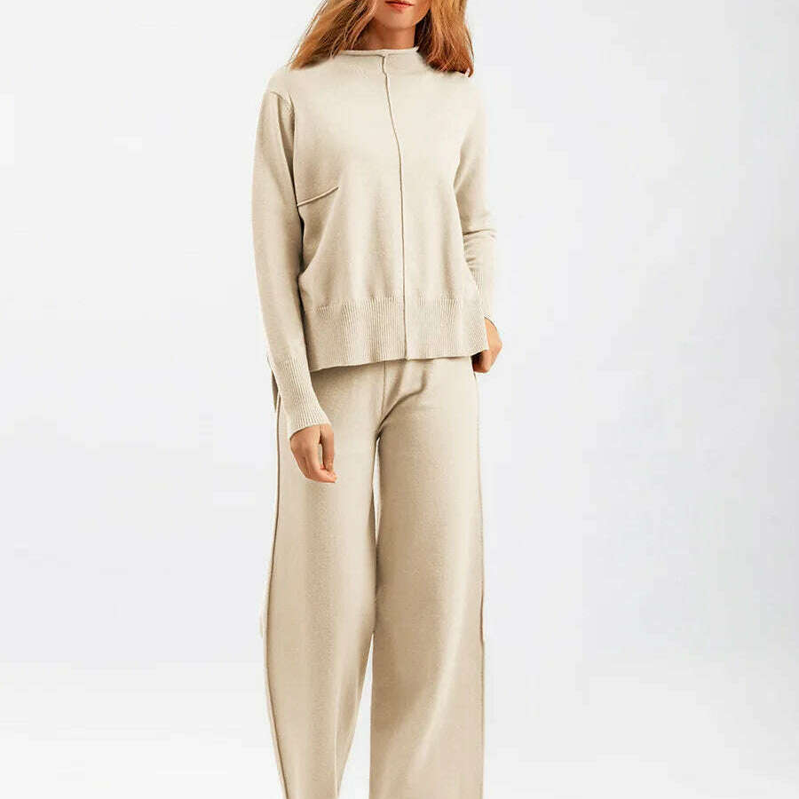 Winter Women's Knit Tracksuit, High Collar Pullover & Pants - D&M Boutique