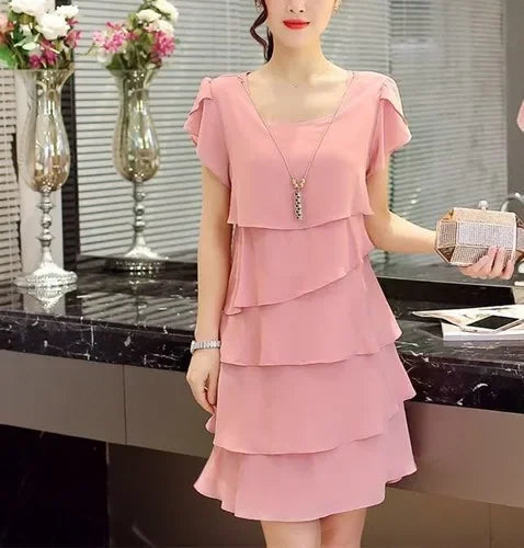 2024 Women's Summer Wave Cut Ruffle Slim Chiffon Dress