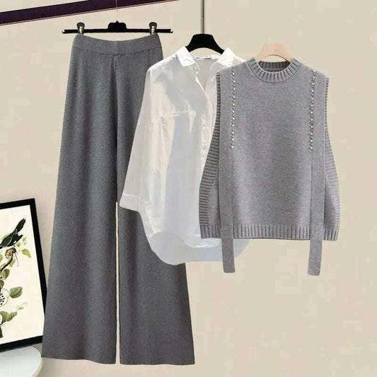 Autumn Winter Knitted 3-Piece Set: Vest, Shirt & Pants