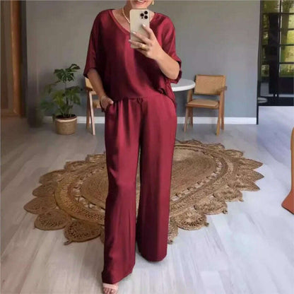 Elegant Women's Summer Satin V-neck Top & High-Waisted Pants Set