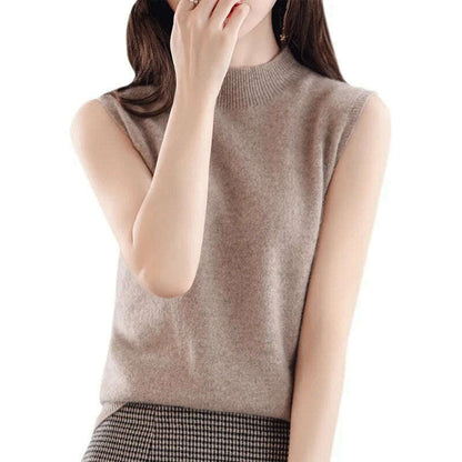 Casual Sleeveless Top – Mock Neck, Warm Knit, Korean Style