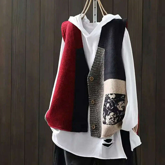 Geometric Button Print V-Neck Knitted Vest – Sleeveless Cardigan for Women - D&M Boutique 