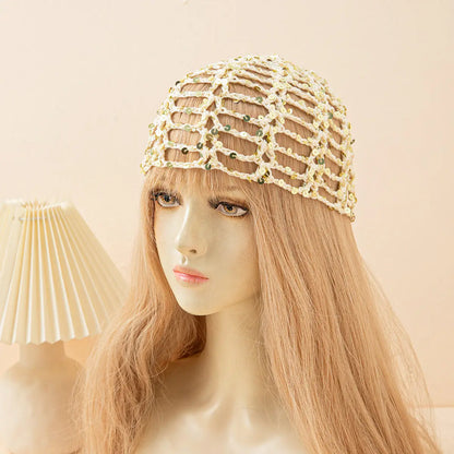 Fashion Vintage Sequined Hollow Pullover Hats Women Spring Summer Travel Photo Atmosphere Versatile Casual Y2K Knit Beanie Hat