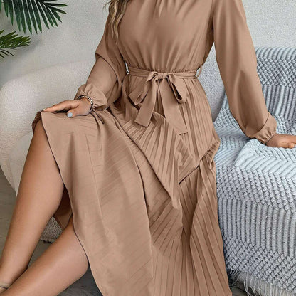 Autumn & Winter Pleated Stand-Up Collar Midi Dress