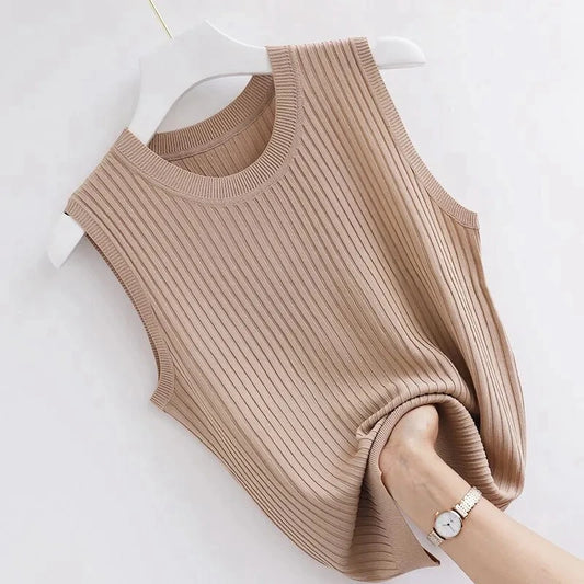 Ribbed Knit Tank Top – Slim, Elegant, Vintage Korean Style - D&M Boutique 