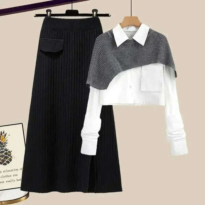 Plus Size Autumn Knit Skirt Set – Loose-Fit Shirt, High-Waist Style