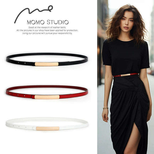 Solid Color Leather Women's Belt with Gold Alloy Buckle