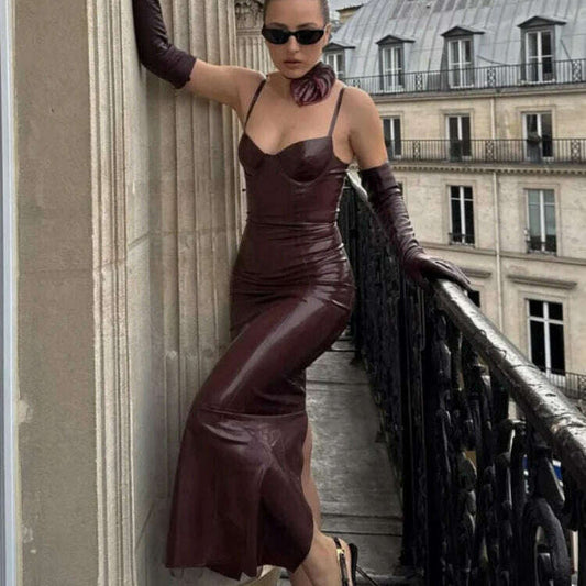 PU Leather High-Waist Sleeveless Long Dress - 2024