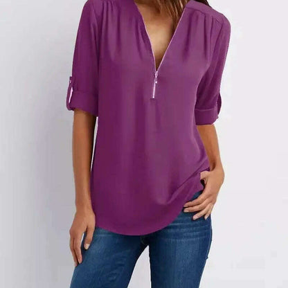 2024 Loose Chiffon Blouse: Deep V Neck, Zipper, Plus Size