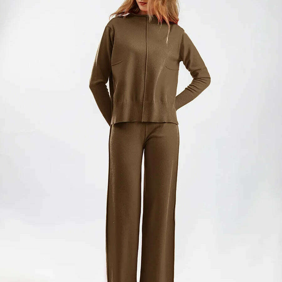 Winter Women's Knit Tracksuit, High Collar Pullover & Pants - D&M Boutique