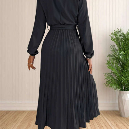 Elegant Pleated Lace-Up Long Sleeve A-Line Sundress