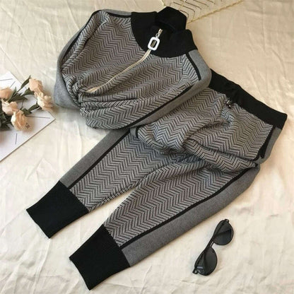 Korean Fashion 2-Piece Set, Half Turtleneck Knit Jacket & Jogger Pants - D&M Boutique