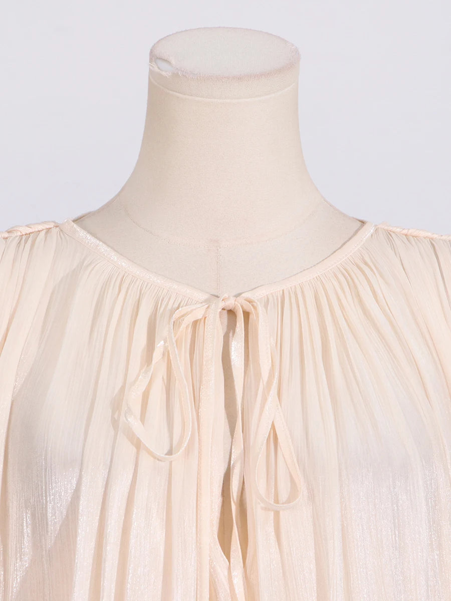 VGH Minimalist Solid Loose Short Dresses For Women Round Neck Long Sleeve High Waist Spliced Lace Up Chic Dress Female Fashion