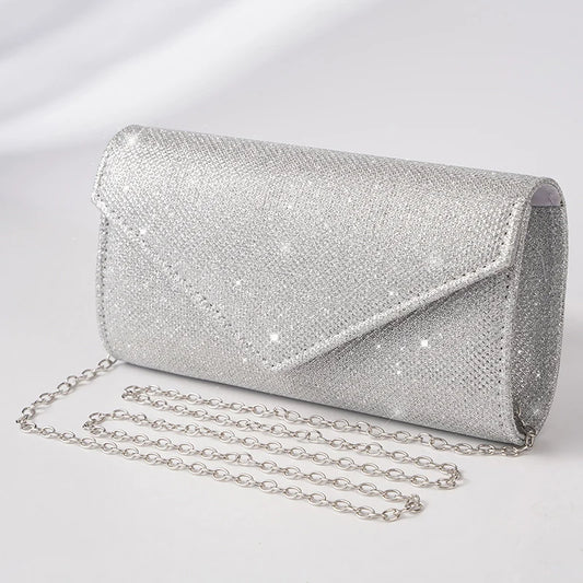 Glitter Envelope Handbag - Silver Chain Mini Crossbody