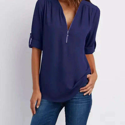 2024 Loose Chiffon Blouse: Deep V Neck, Zipper, Plus Size