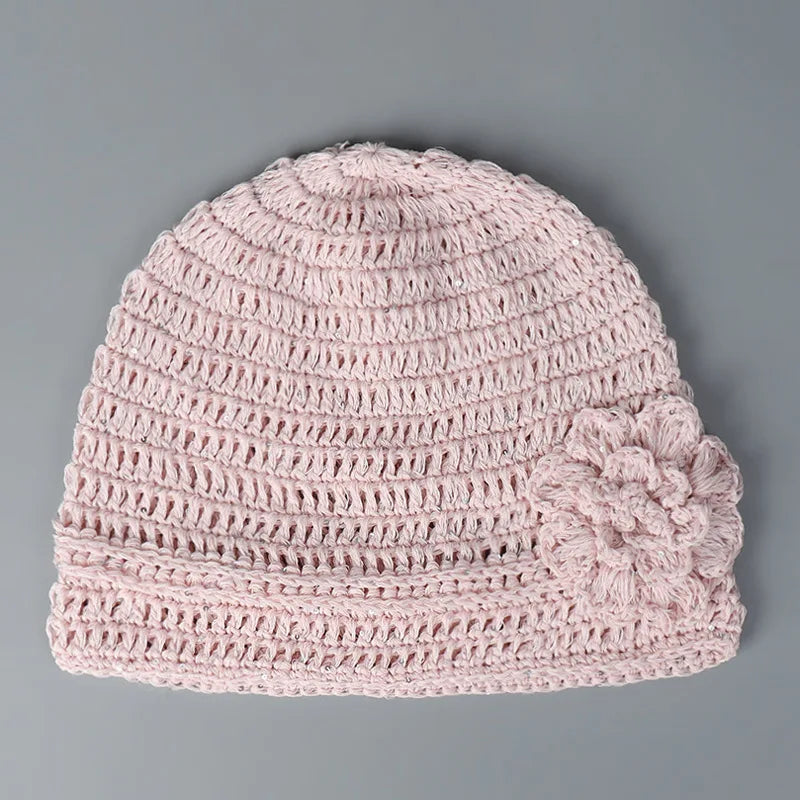 Popular Handmade Crochet Summer Beanies Hat For Women Solid Fashion Flower Sequin Best Matched Girls Skullies Bonnets Cap Gift