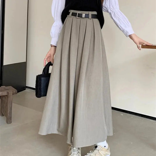 New Korean Solid Color Pleated Mid-Length Skirt for Women - D&M Boutique