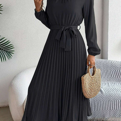 Autumn & Winter Pleated Stand-Up Collar Midi Dress