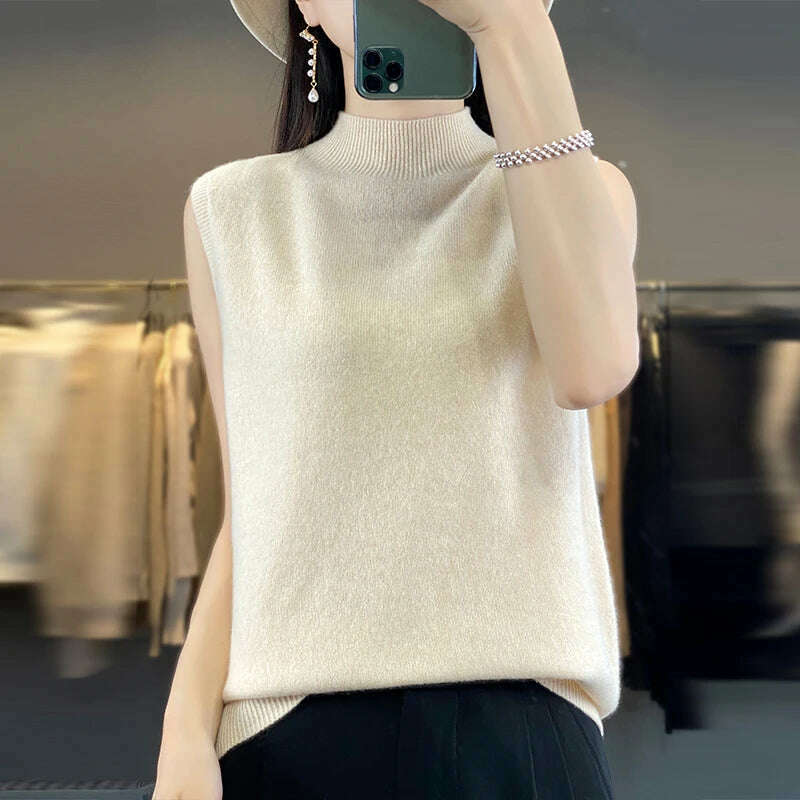 2024 Women's Cashmere Sleeveless Top – 100% Merino Wool, Office Chic