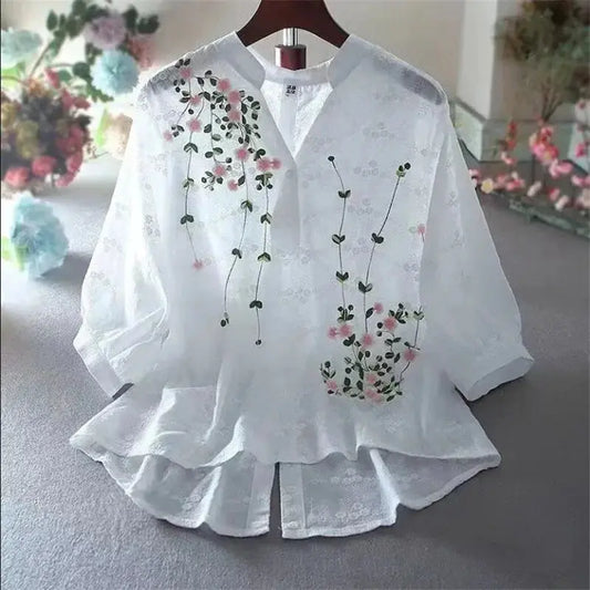 Cotton Embroidered Blouse: V-Neck, Half Sleeve, Lace Detail - D&M Boutique