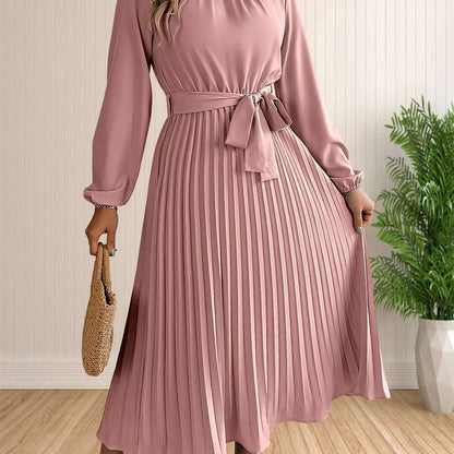 Elegant Pleated Lace-Up Long Sleeve A-Line Sundress