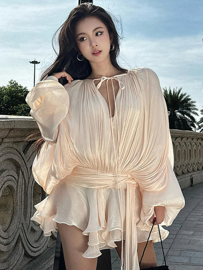 VGH Minimalist Solid Loose Short Dresses For Women Round Neck Long Sleeve High Waist Spliced Lace Up Chic Dress Female Fashion