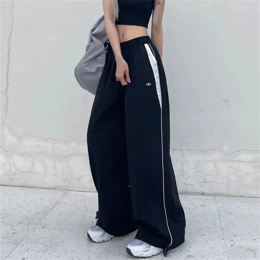 Women Casual Wide Leg Cargo Pants Drawstring Solid Streetwear Elastic Waist Sweatpants Loose Y2K Joggers Hip Hop Baggy Trousers - D&M Boutique