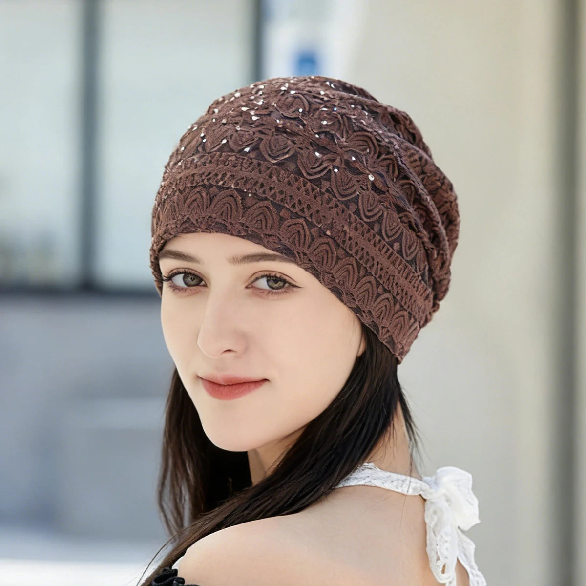 Women Fashion Lace Beanies Cap Rhinestone flower lace breathable spring summer beanie caps