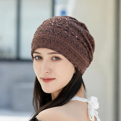 Women Fashion Lace Beanies Cap Rhinestone flower lace breathable spring summer beanie caps