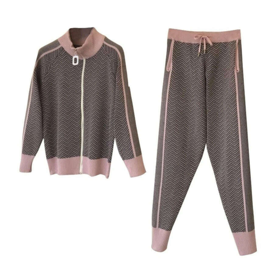 Korean Fashion 2-Piece Set, Half Turtleneck Knit Jacket & Jogger Pants - D&M Boutique